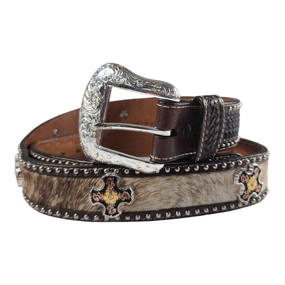 Ranger Belt Company Brown Black Silver Tone Cross Conchos Hand Tooled Belt 44 - Picture 2 of 5